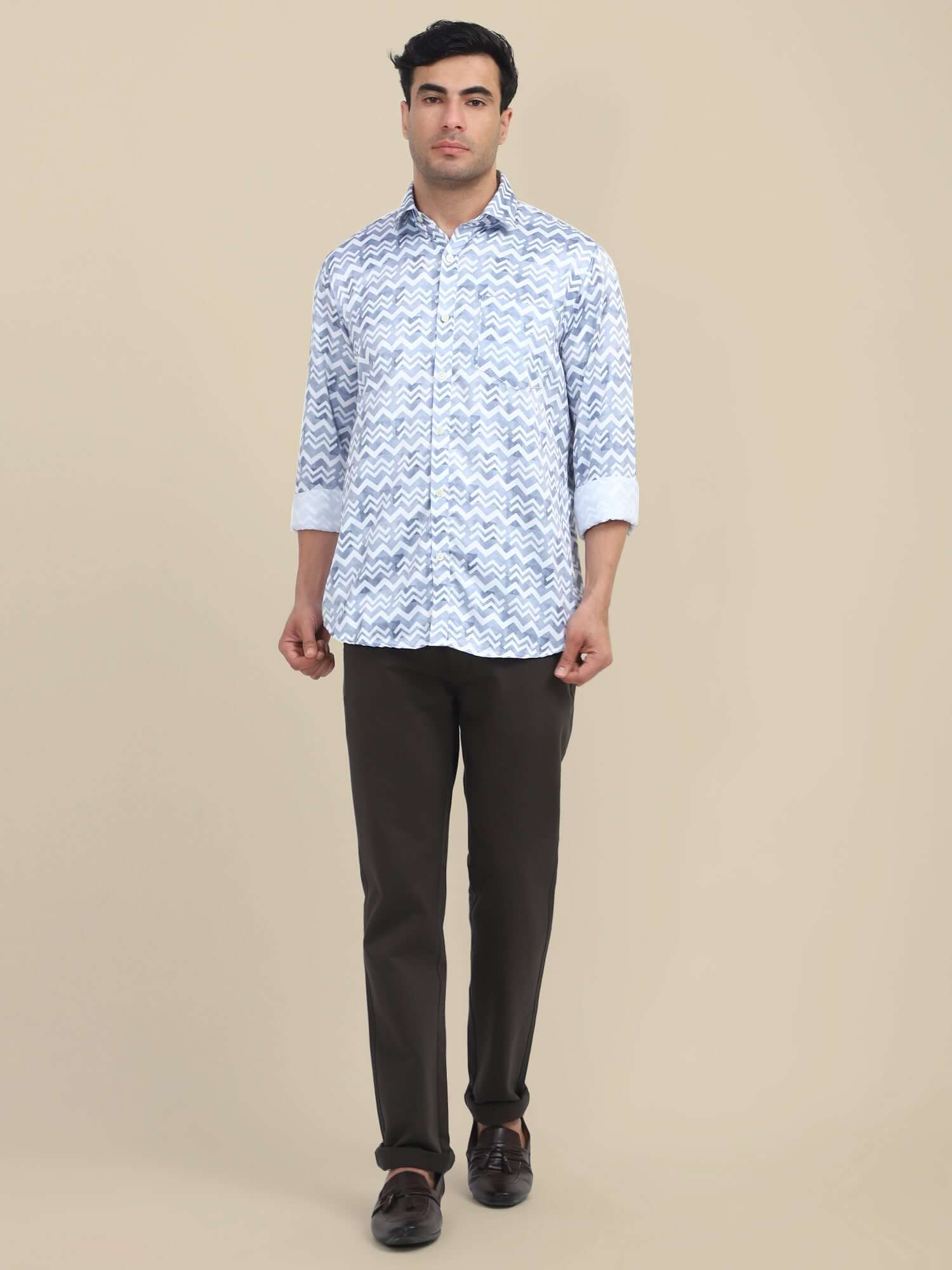 Men'S Poly Satin Lycra Grey Digital Printed Shirt