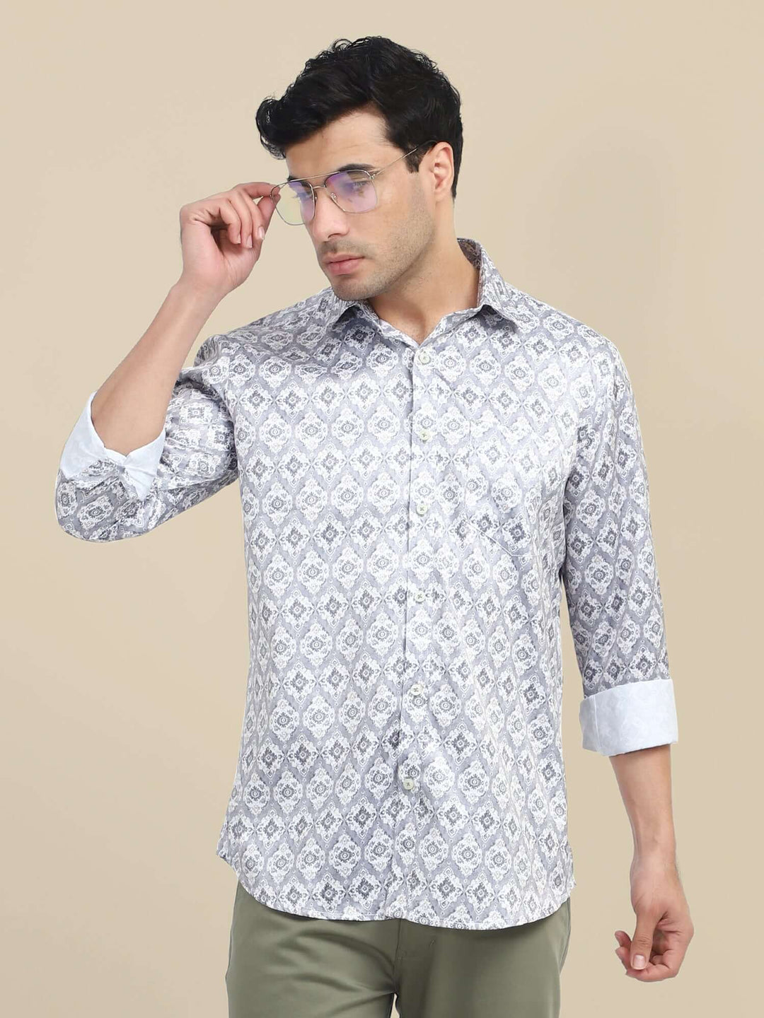Men'S Poly Satin Lycra Grey Digital Printed Shirt