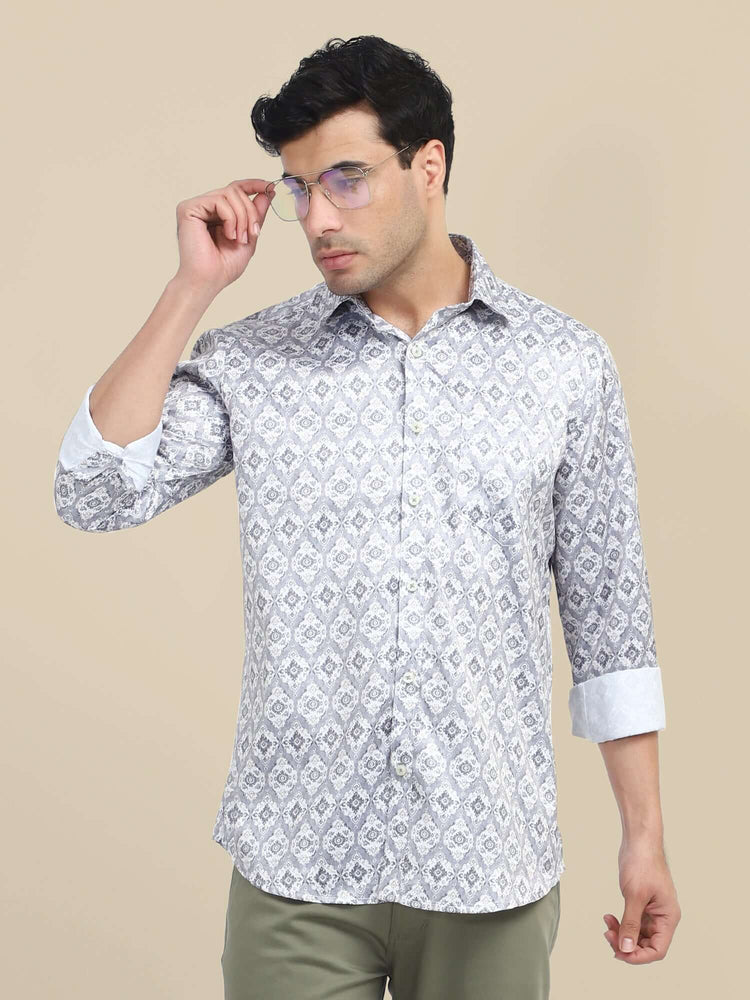 Men'S Poly Satin Lycra Grey Digital Printed Shirt