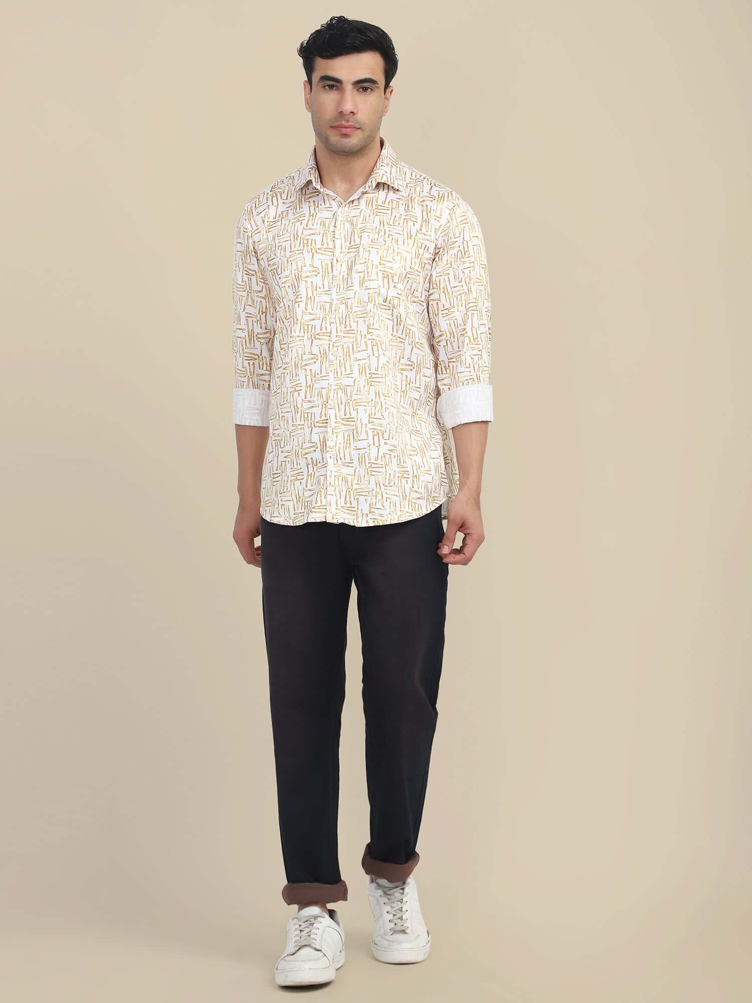 Men'S Poly Satin Lycra Mustard Digital Printed Shirt