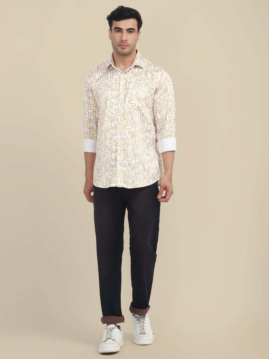 Men'S Poly Satin Lycra Mustard Digital Printed Shirt