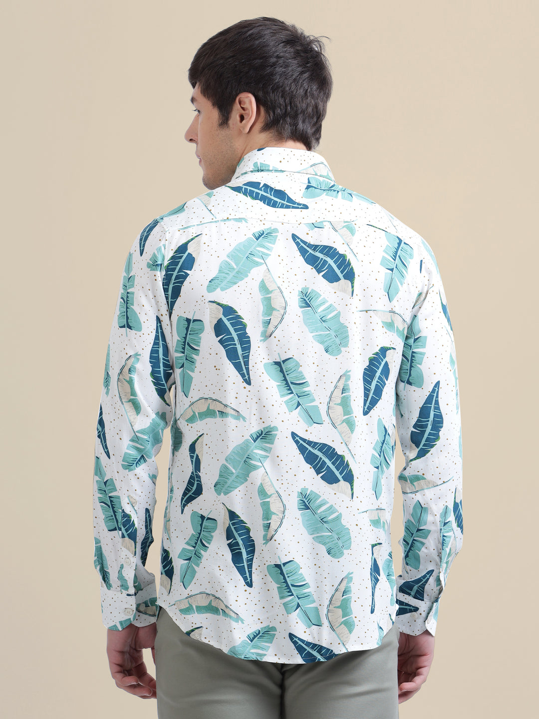 Men'S Premium Rayon Shirt With Classic White & Green Tropical Print