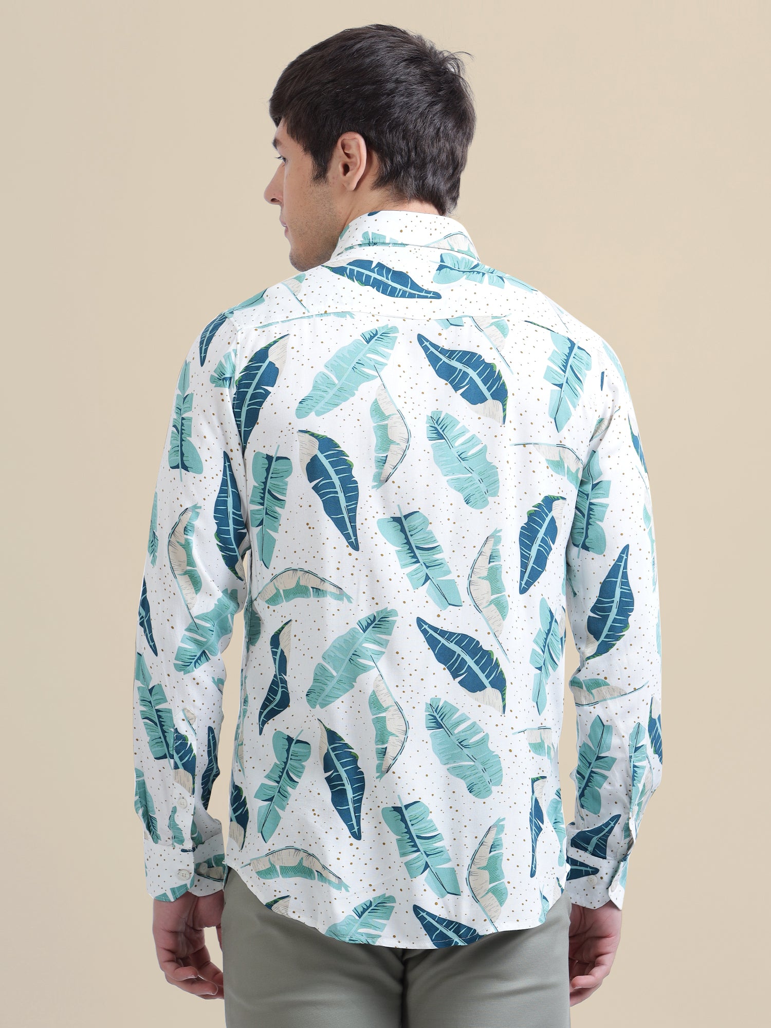 Men'S Premium Rayon Shirt With Classic White & Green Tropical Print
