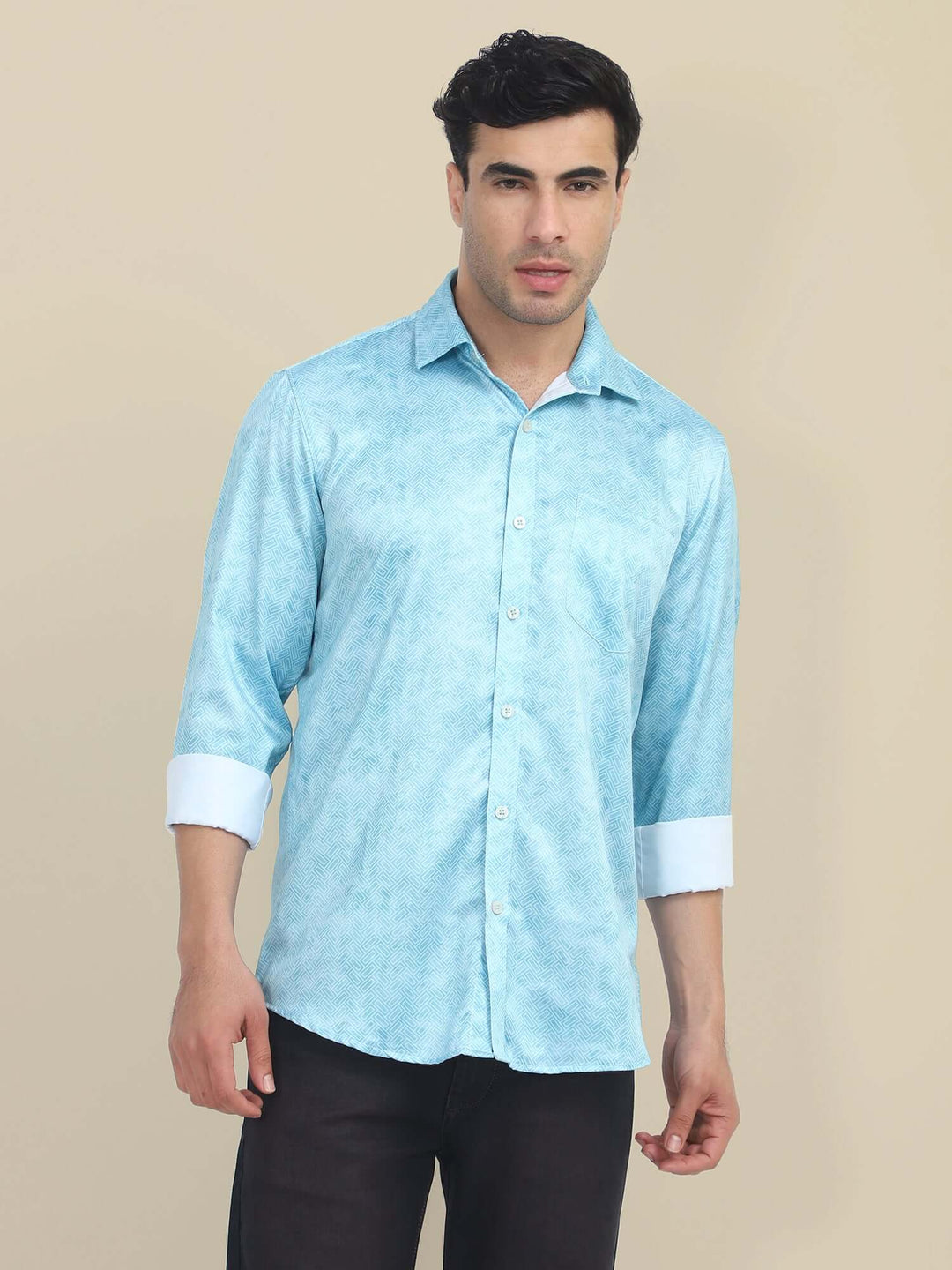Men'S Poly Satin Lycra Sky Blue Digital Printed Shirt