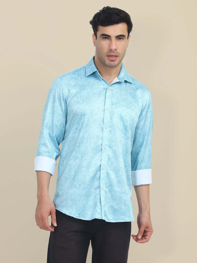 Men'S Poly Satin Lycra Sky Blue Digital Printed Shirt