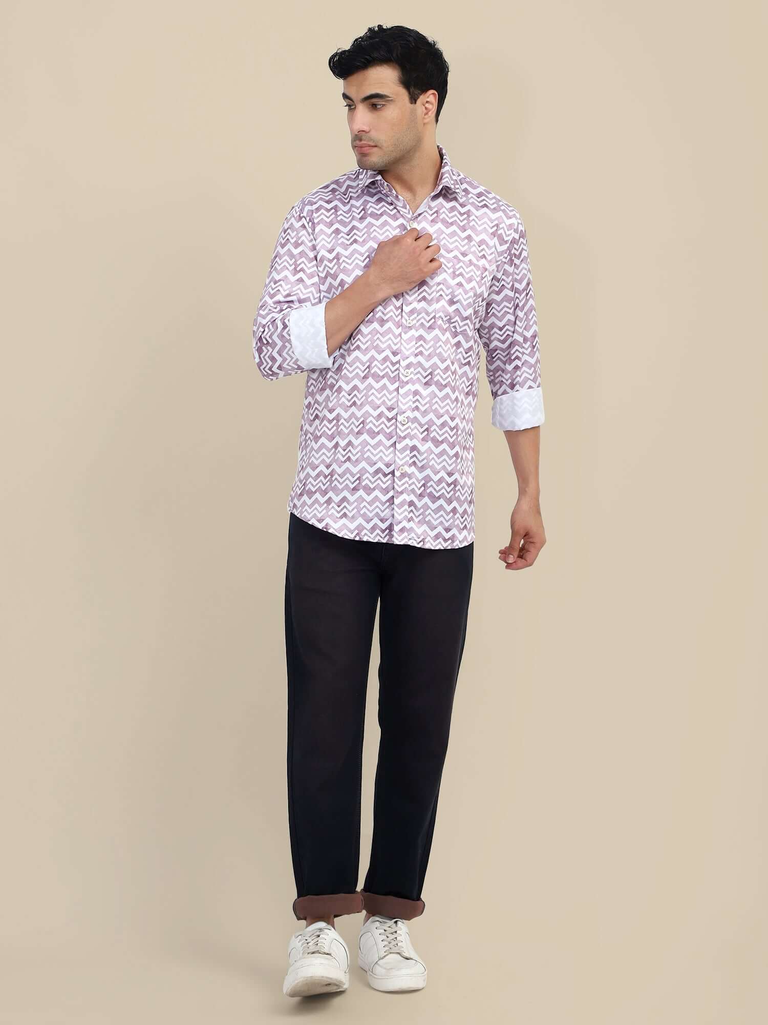 Men'S Poly Satin Lycra Mauve Digital Printed Shirt