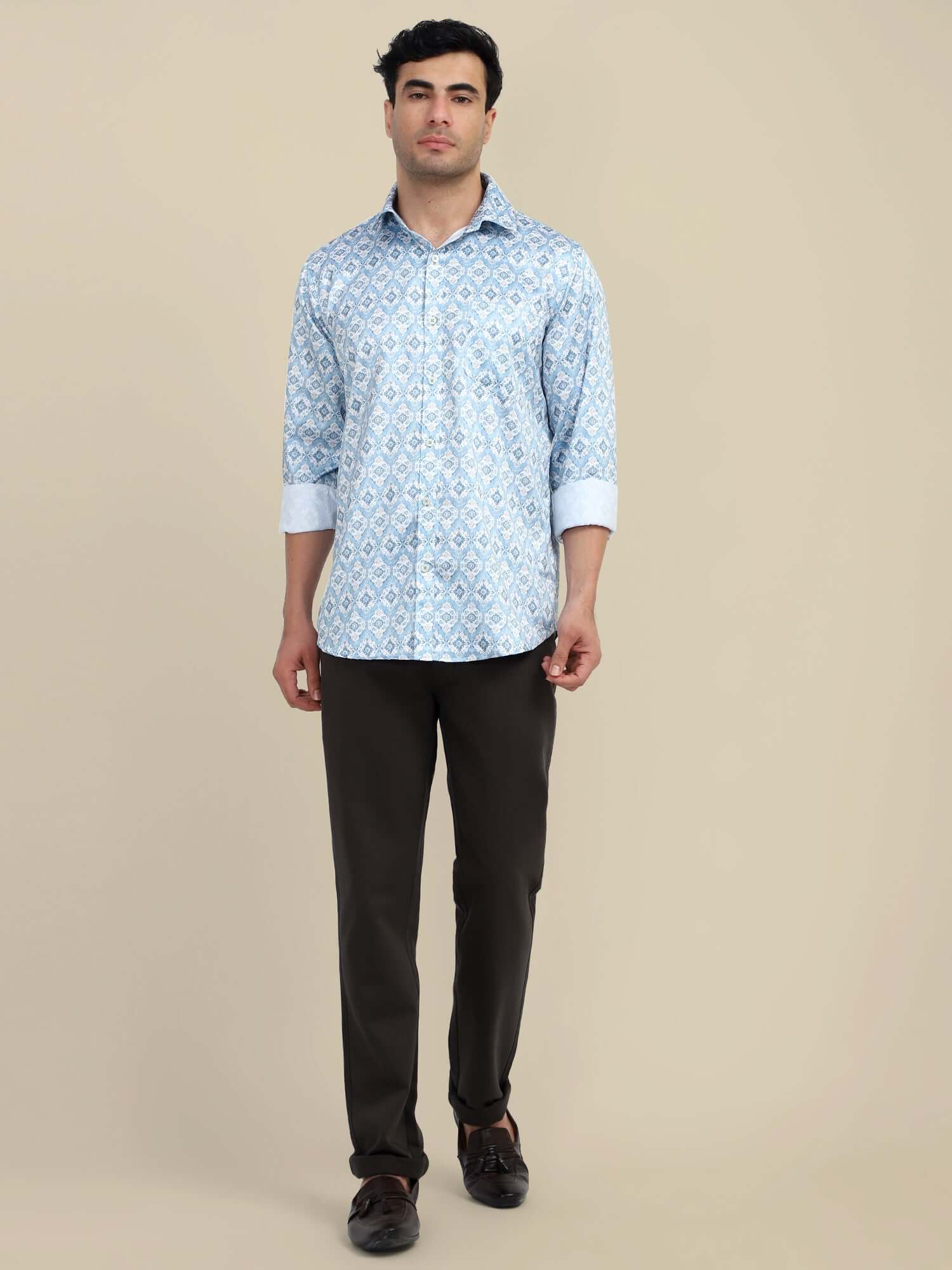 Men'S Poly Satin Lycra Mint Green Digital Printed Shirt