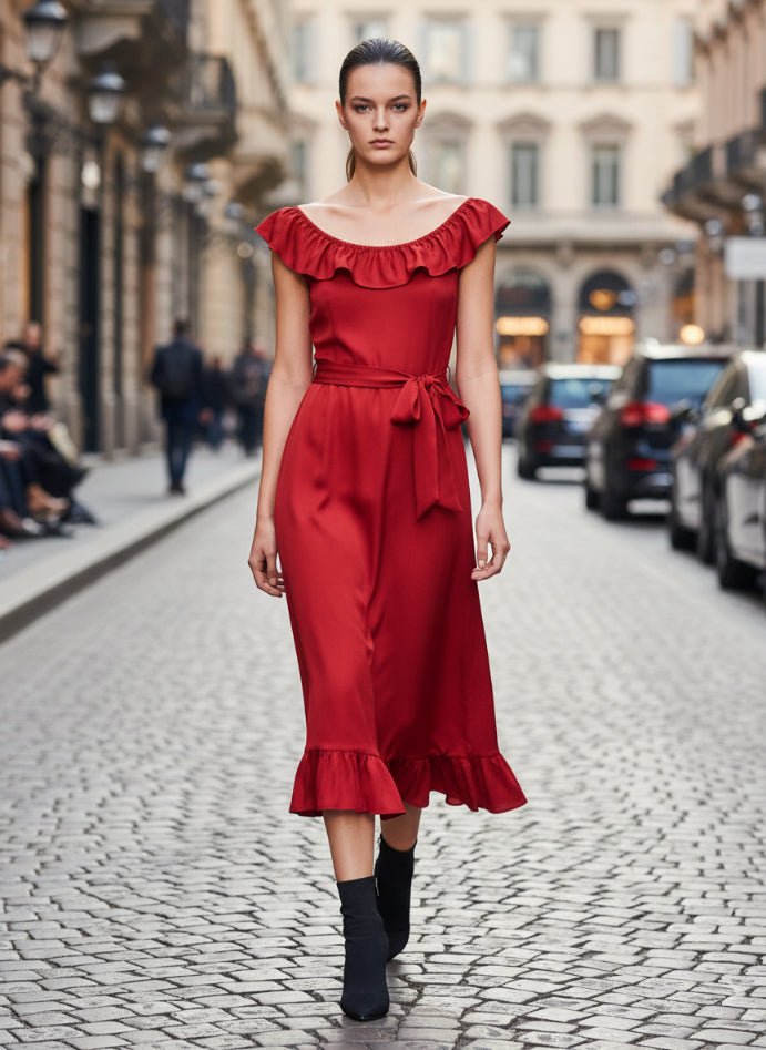 Women’s Luxury European Satin Crimson Red Midi Dress