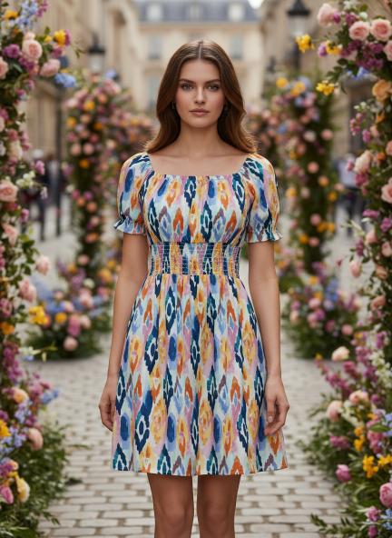 Rayon Printed Striped Smocked Midi Dress