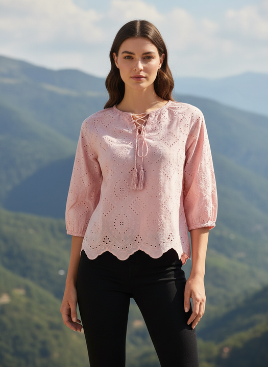 Chic Cutwork Women’s Top with Tassel Tie