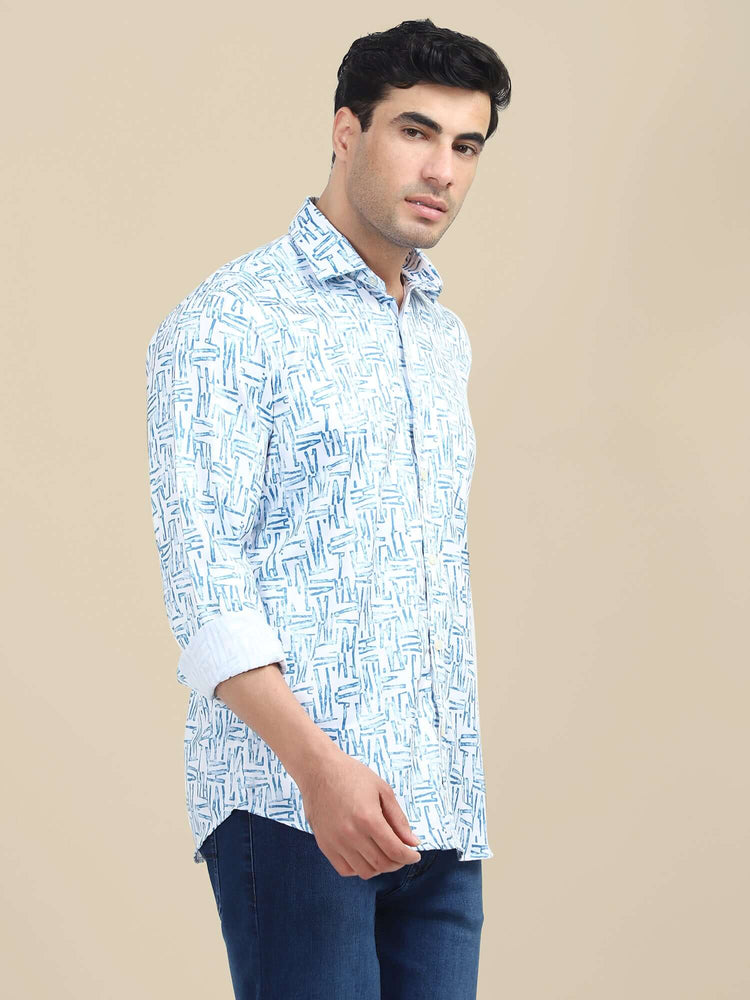 Men'S Premium Poly Satin Lycra Blue Digital Printed Shirt