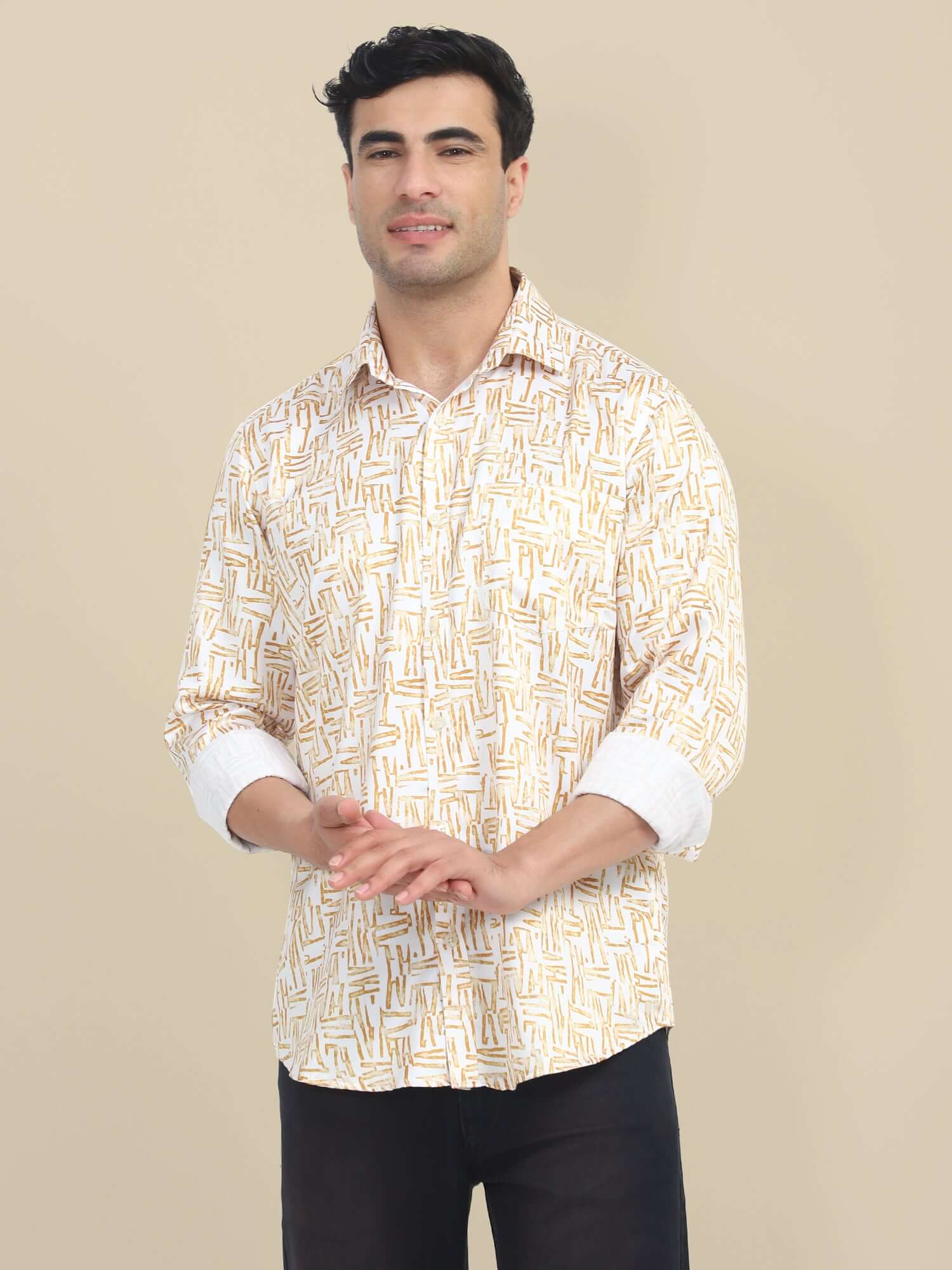 Men'S Poly Satin Lycra Mustard Digital Printed Shirt