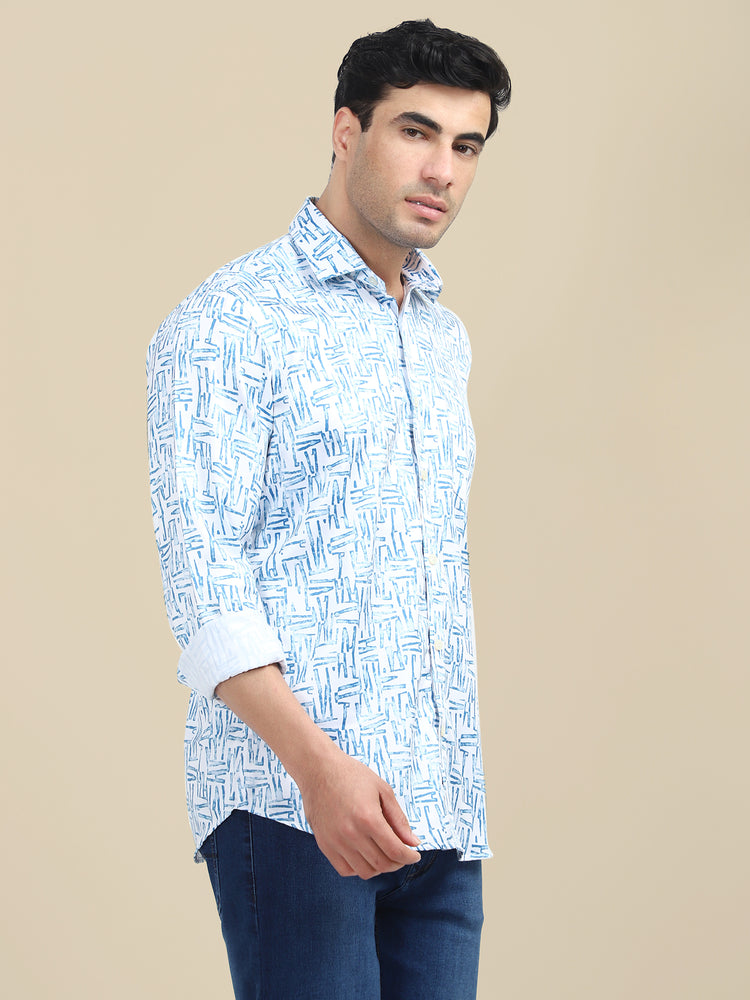 Men'S Poly Satin Lycra Blue Digital Printed Shirt