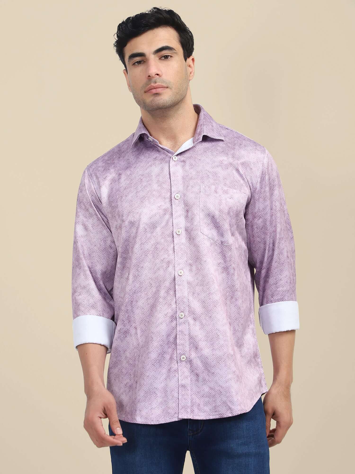 Men'S Poly Satin Lycra Purple Digital Printed Shirt