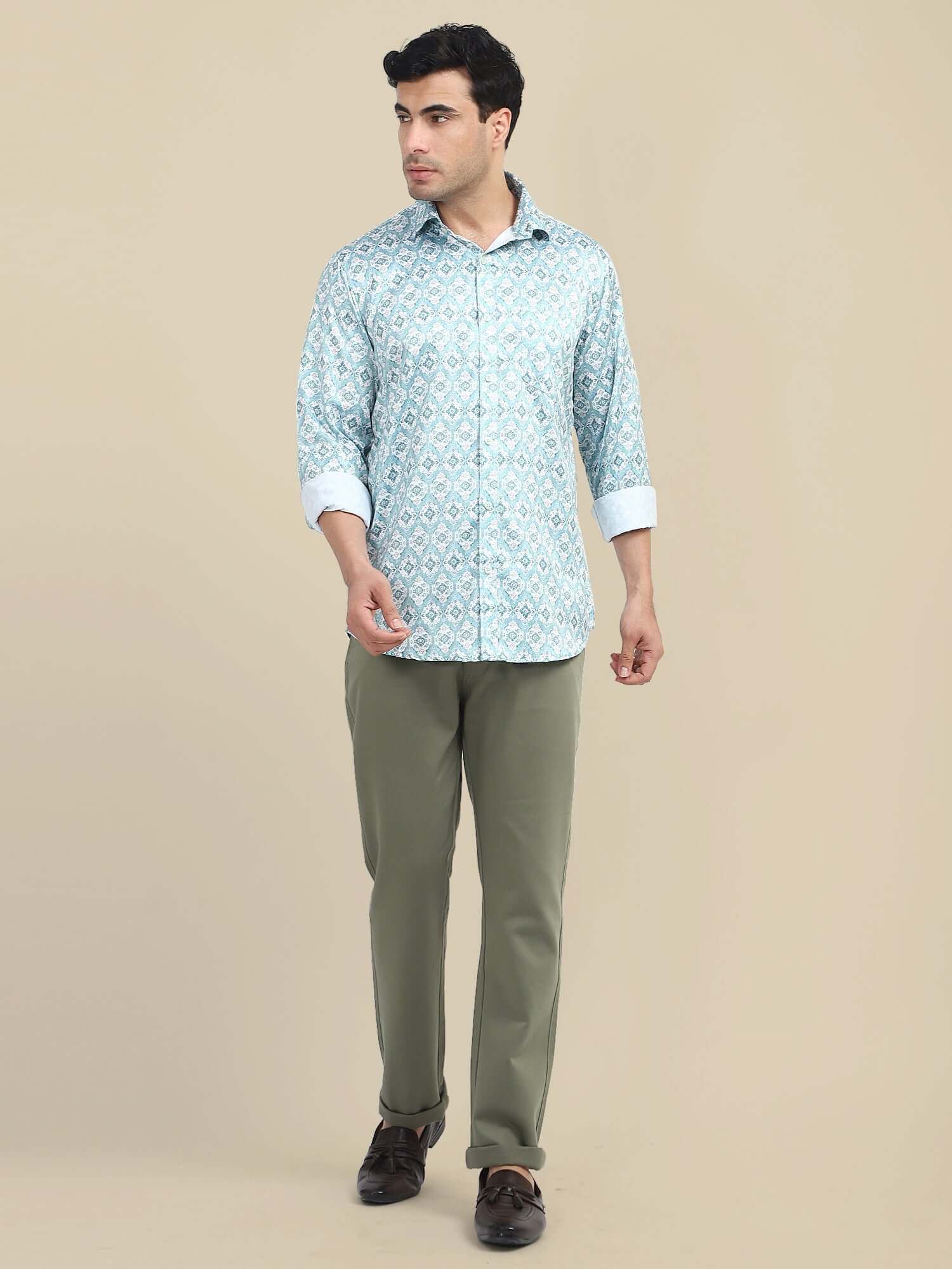 Men'S Poly Satin Lycra Blue Digital Printed Shirt