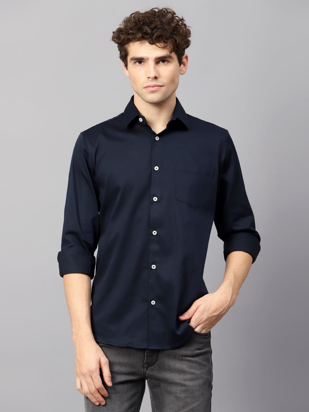 Premium Cotton Lycra Satin Navy Shirt