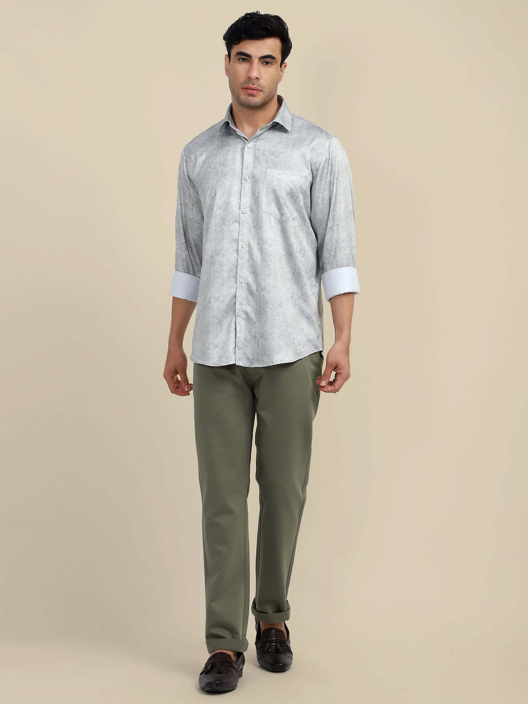 Men'S Poly Satin Lycra Grey Digital Printed Shirt