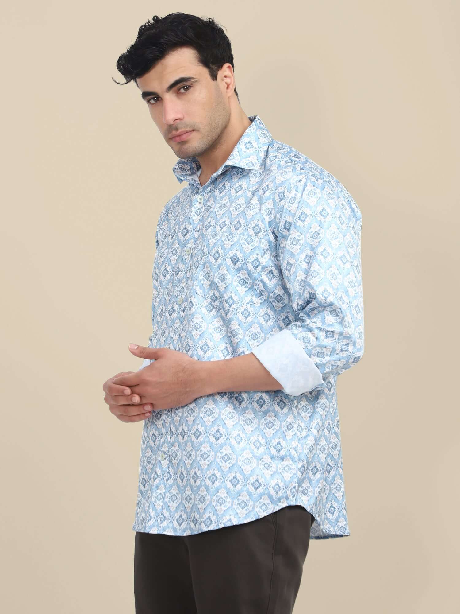 Men'S Poly Satin Lycra Mint Green Digital Printed Shirt