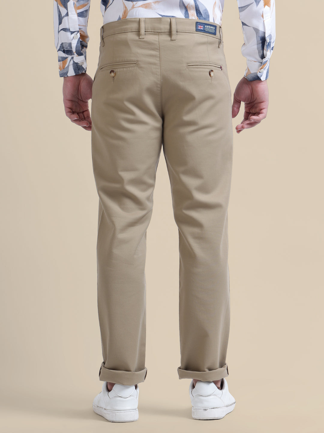 Khaki Casual Trousers Solid Cotton Lycra Smart Fit