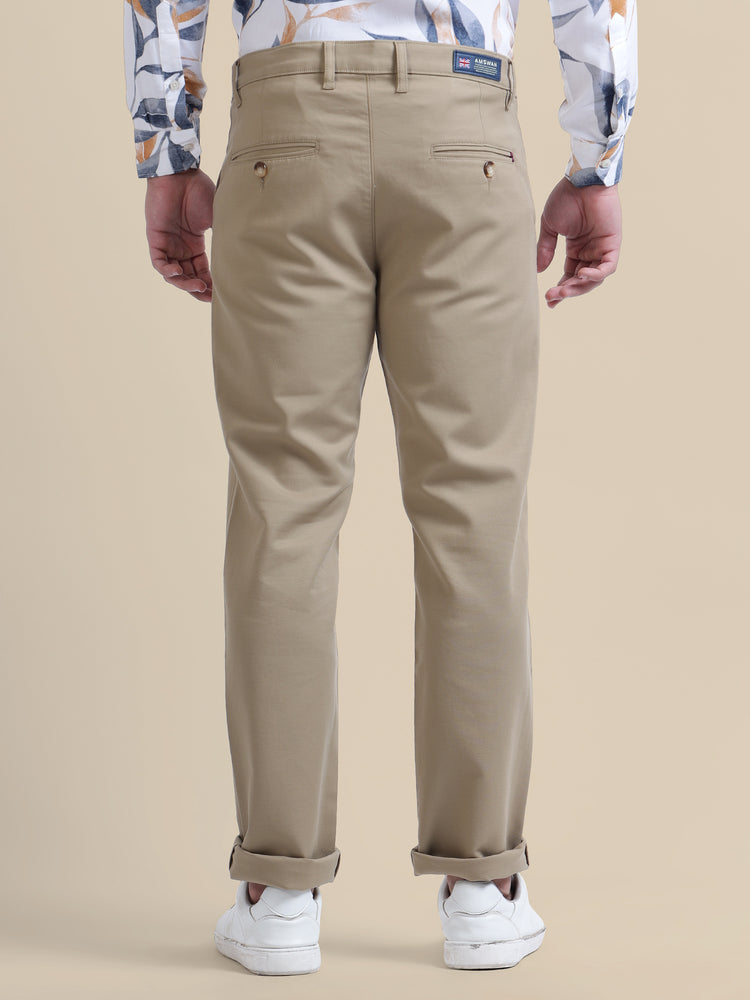 Khaki Casual Trousers Solid Cotton Lycra Smart Fit