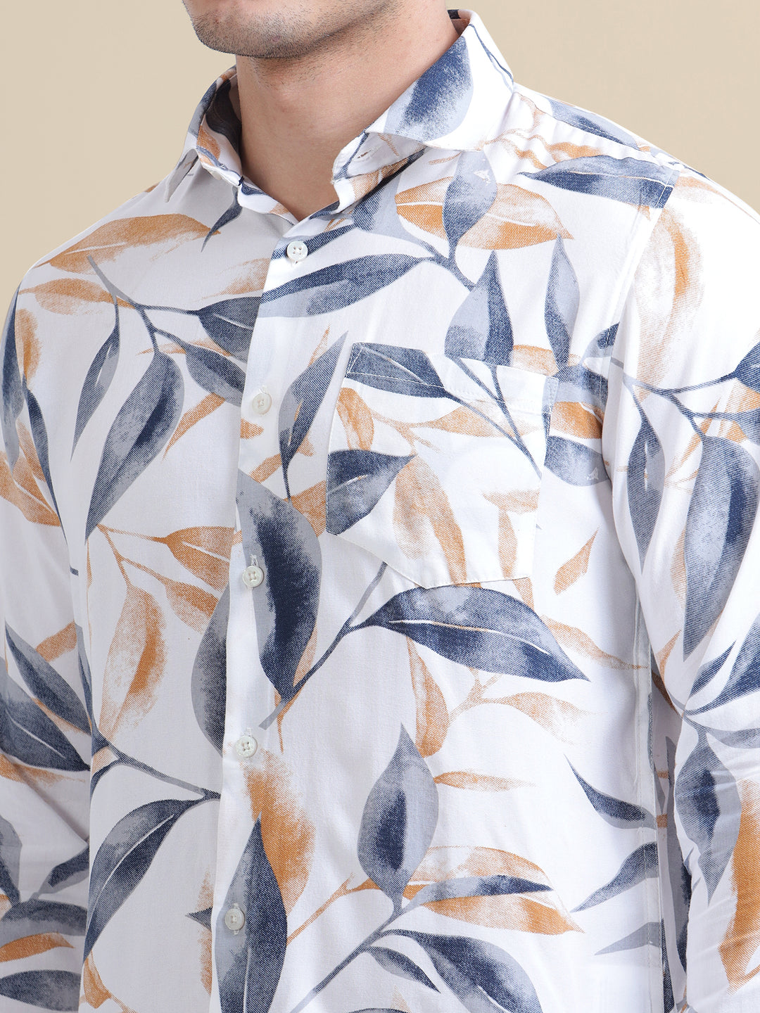 Men'S Premium Rayon Shirt With Blue And Orange Leaf Print