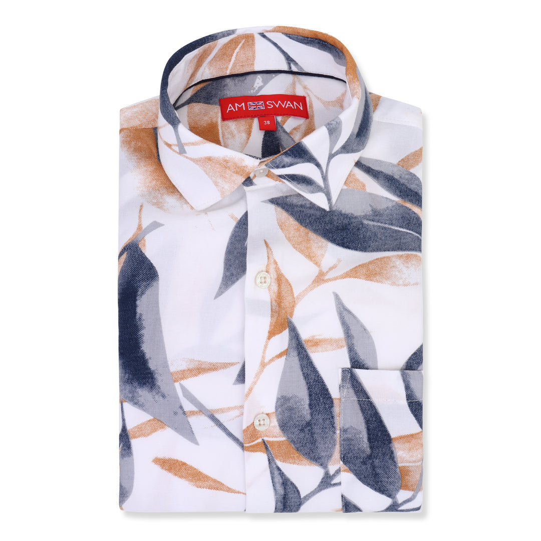 Men'S Premium Rayon Shirt With Blue And Orange Leaf Print