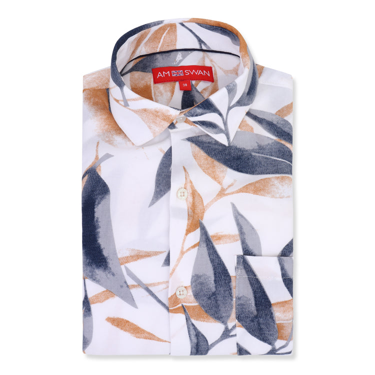 Men'S Premium Rayon Shirt With Blue And Orange Leaf Print