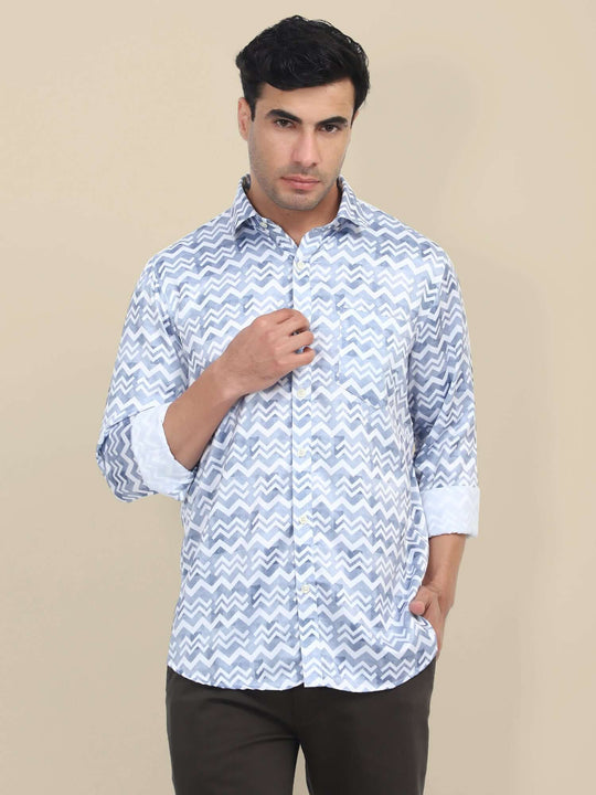 Men'S Poly Satin Lycra Grey Digital Printed Shirt