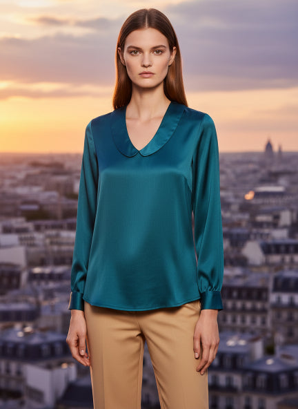 Summer Satin Peacock Peter Pan Collar Top
