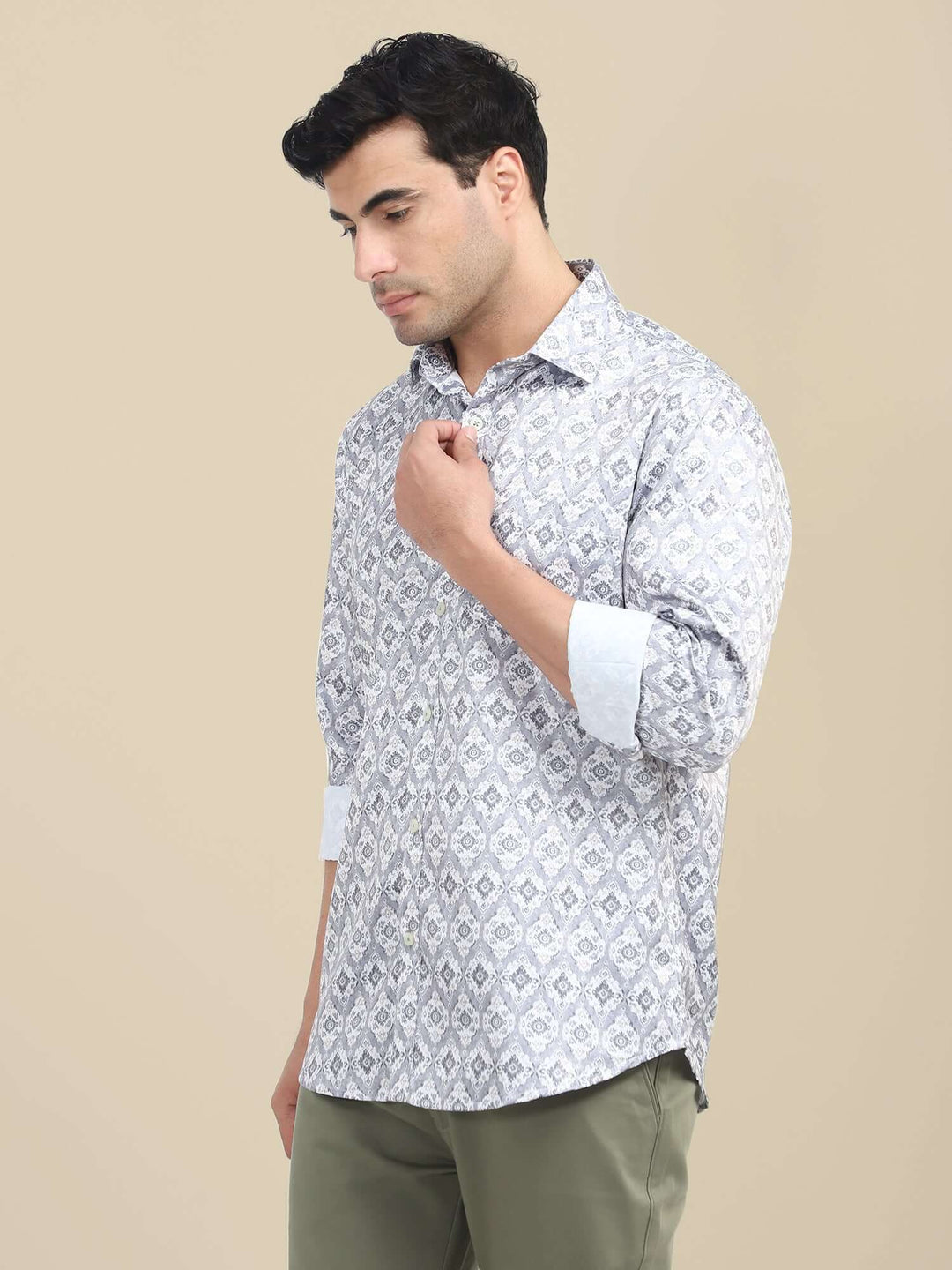 Men'S Poly Satin Lycra Grey Digital Printed Shirt