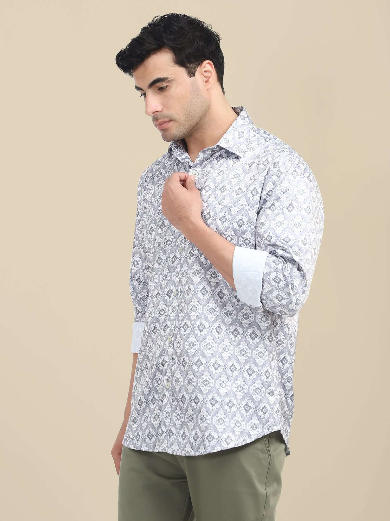 Men'S Poly Satin Lycra Grey Digital Printed Shirt