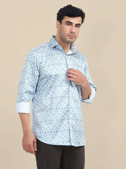 Men'S Poly Satin Lycra Mint Green Digital Printed Shirt