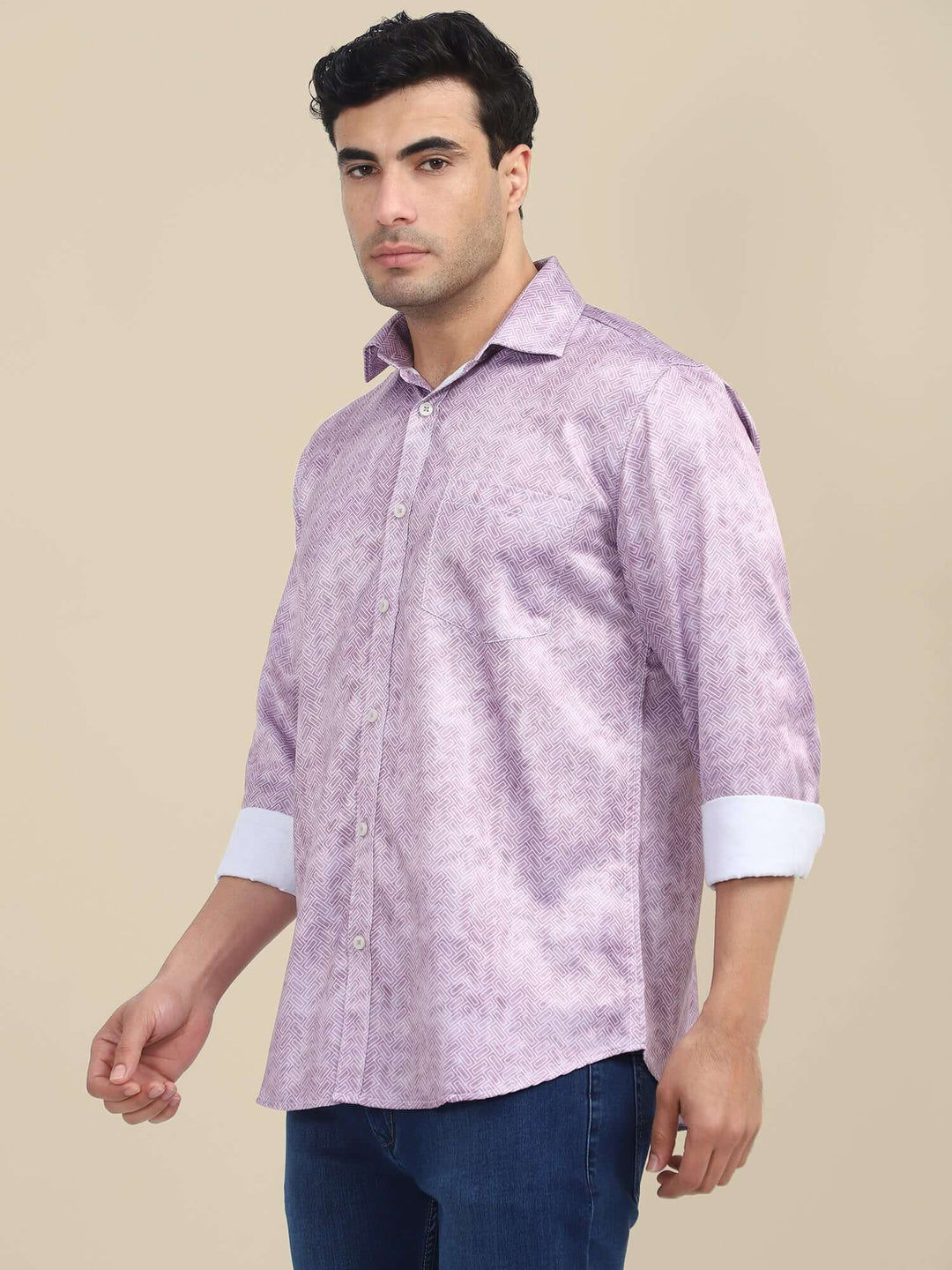 Men'S Poly Satin Lycra Purple Digital Printed Shirt