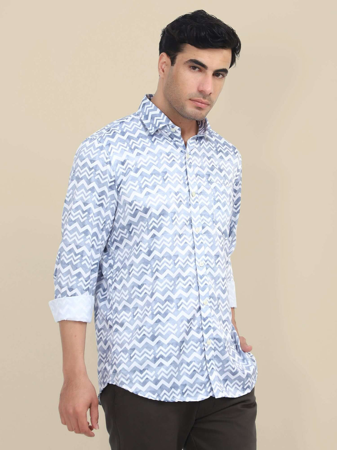 Men'S Poly Satin Lycra Grey Digital Printed Shirt