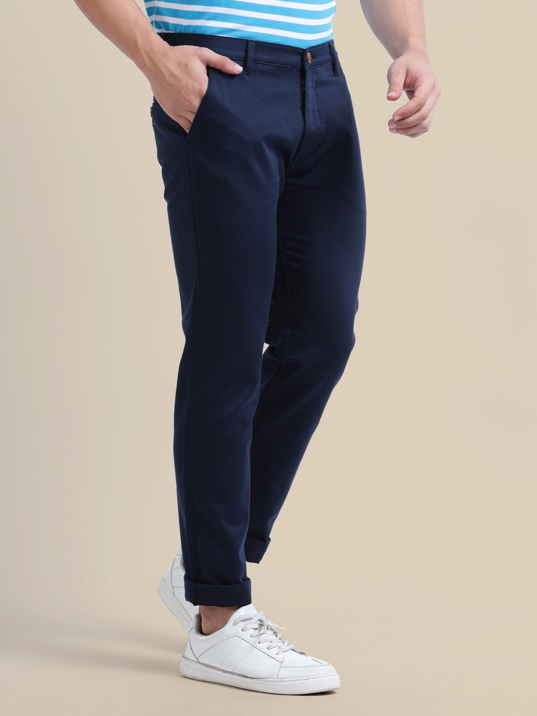 Navy Casual Trousers Solid Cotton Lycra Smart Fit