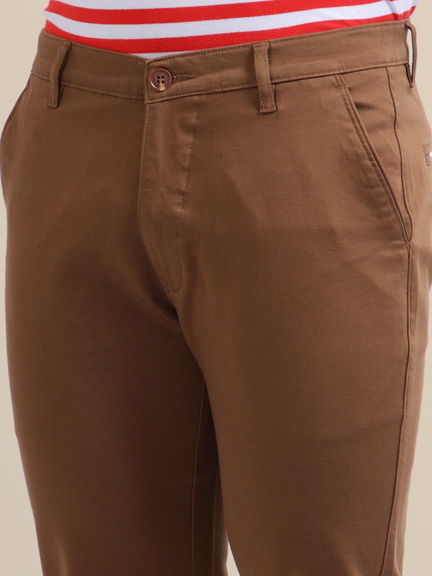 Brown Casual Trousers Solid Cotton Lycra, Smart Fit