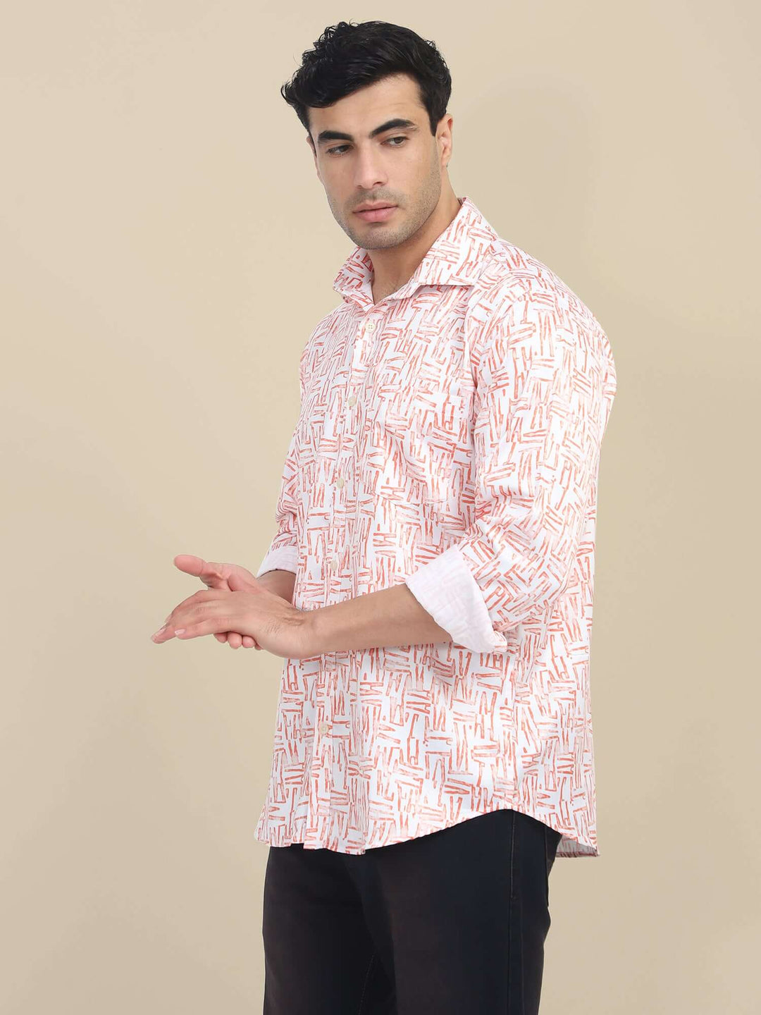 Men'S Poly Satin Lycra Orange Digital Printed Shirt