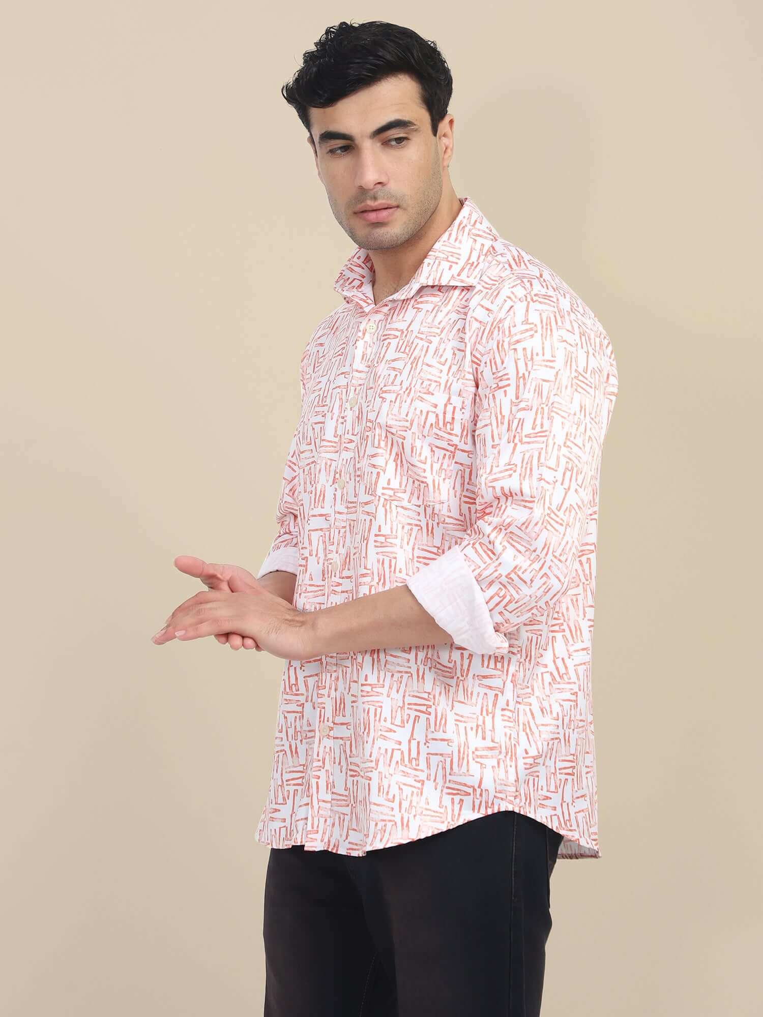 Men'S Poly Satin Lycra Orange Digital Printed Shirt