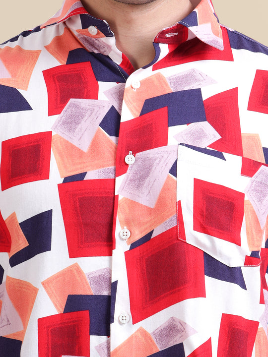 Men'S Premium Rayon Shirt With Red And Blue Print