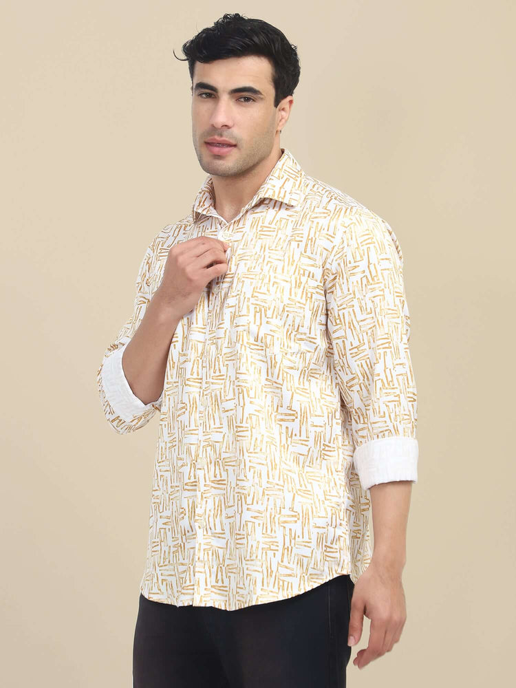 Men'S Poly Satin Lycra Mustard Digital Printed Shirt