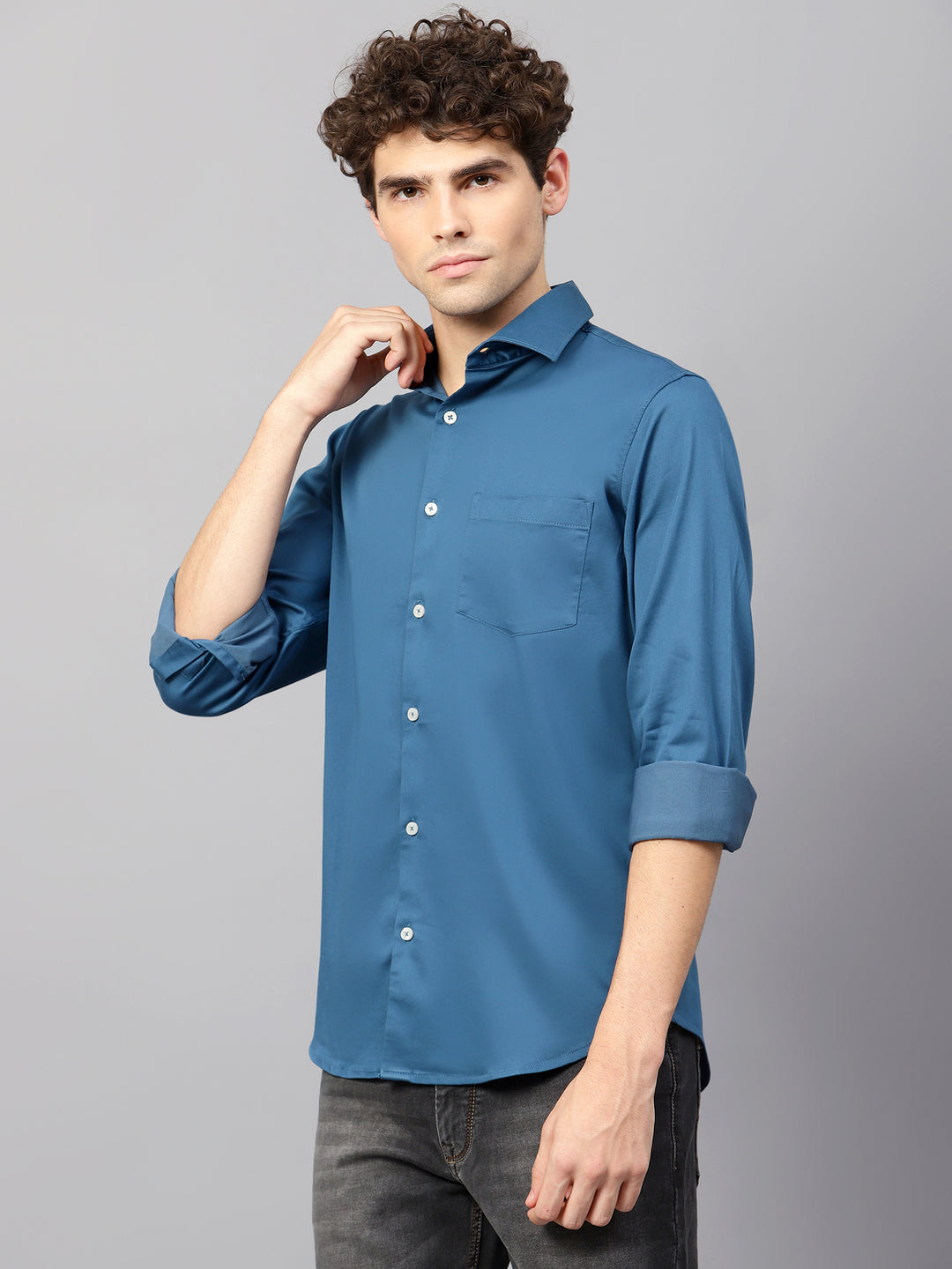 Premium Cotton Lycra Satin Dogger Blue Shirt