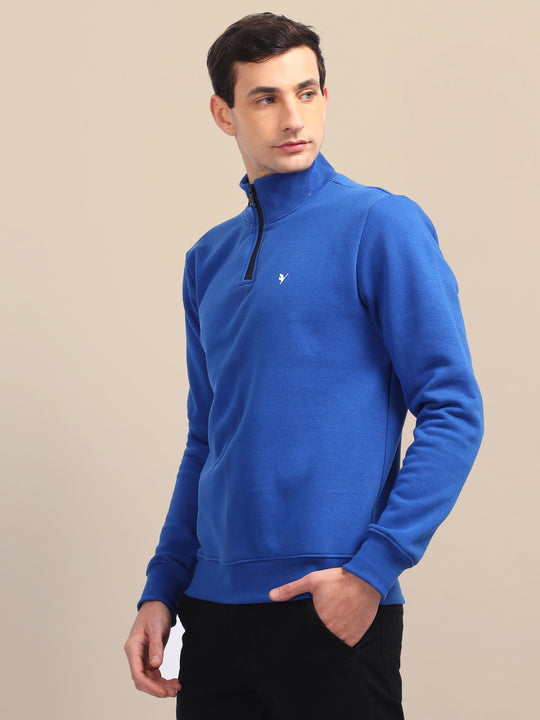 Amswan Men'S Blue Solid Half-Zip Sweatshirt