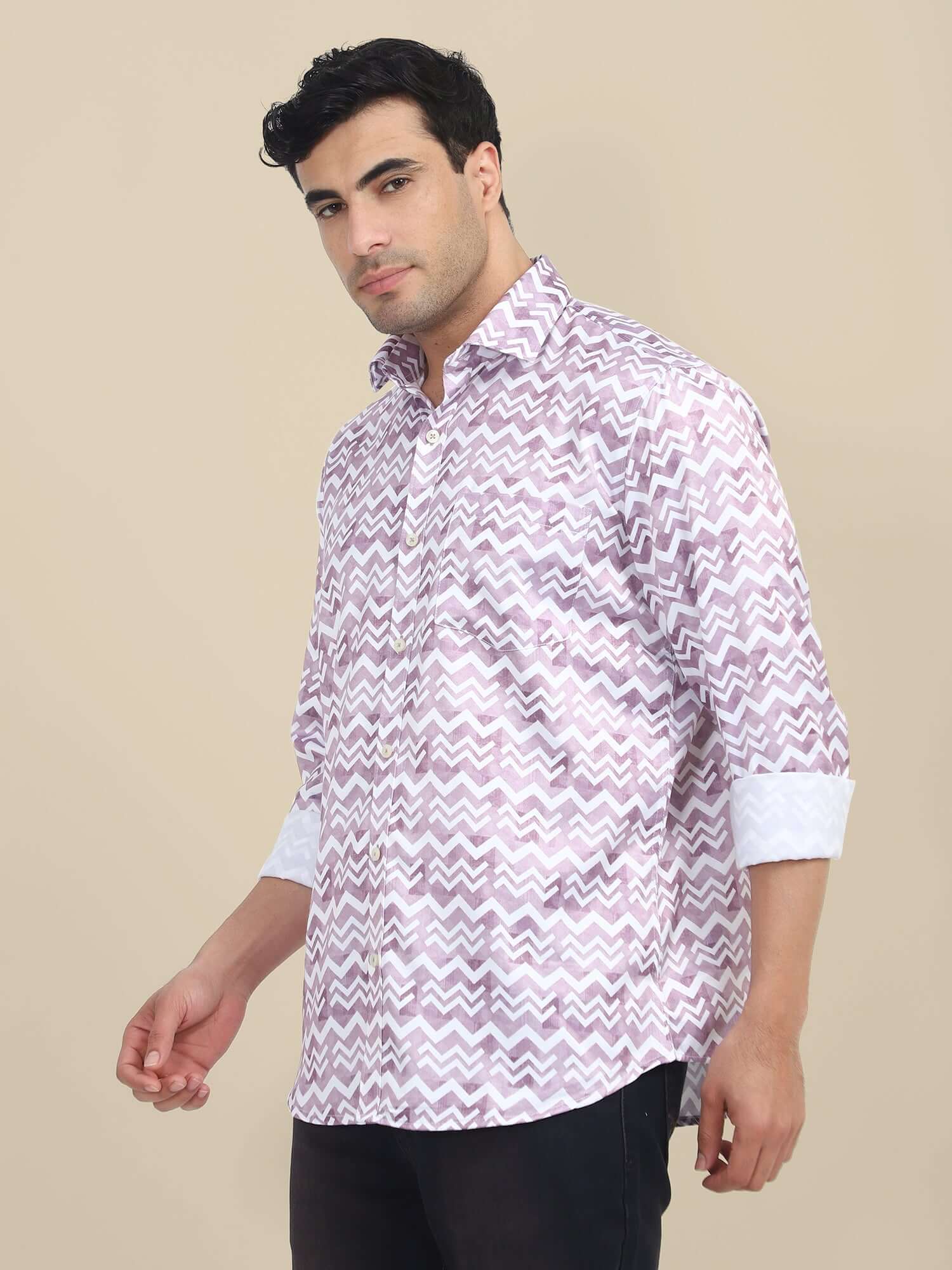 Men'S Poly Satin Lycra Mauve Digital Printed Shirt