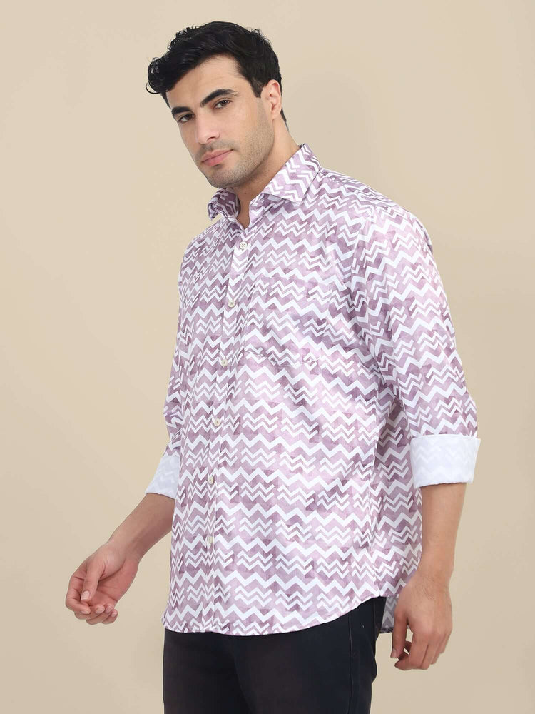 Men'S Poly Satin Lycra Mauve Digital Printed Shirt