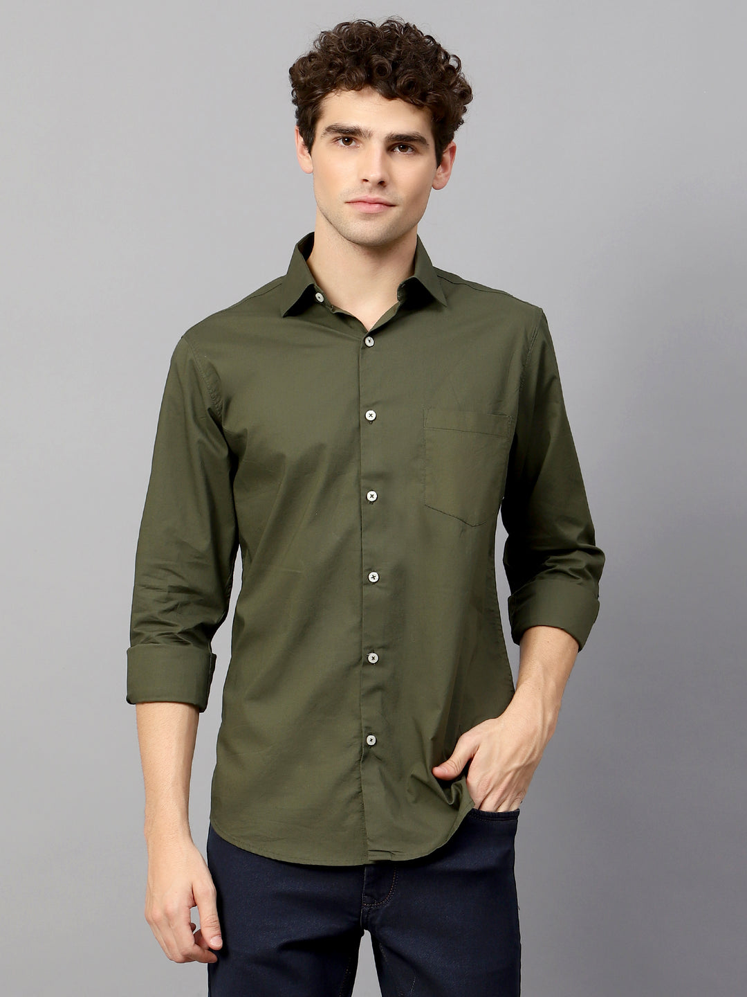 Olive Green Shirt With Premium Cotton Lycra Blend