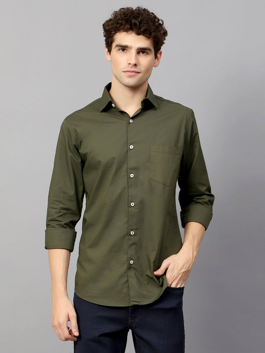 Olive Green Shirt With Premium Cotton Lycra Blend