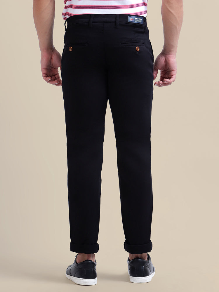 Navy Casual Trousers Solid Cotton Lycra, Smart Fit