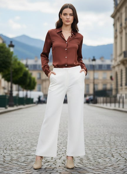 Banana Crepe Off White Flared Trouser Slash Pocket