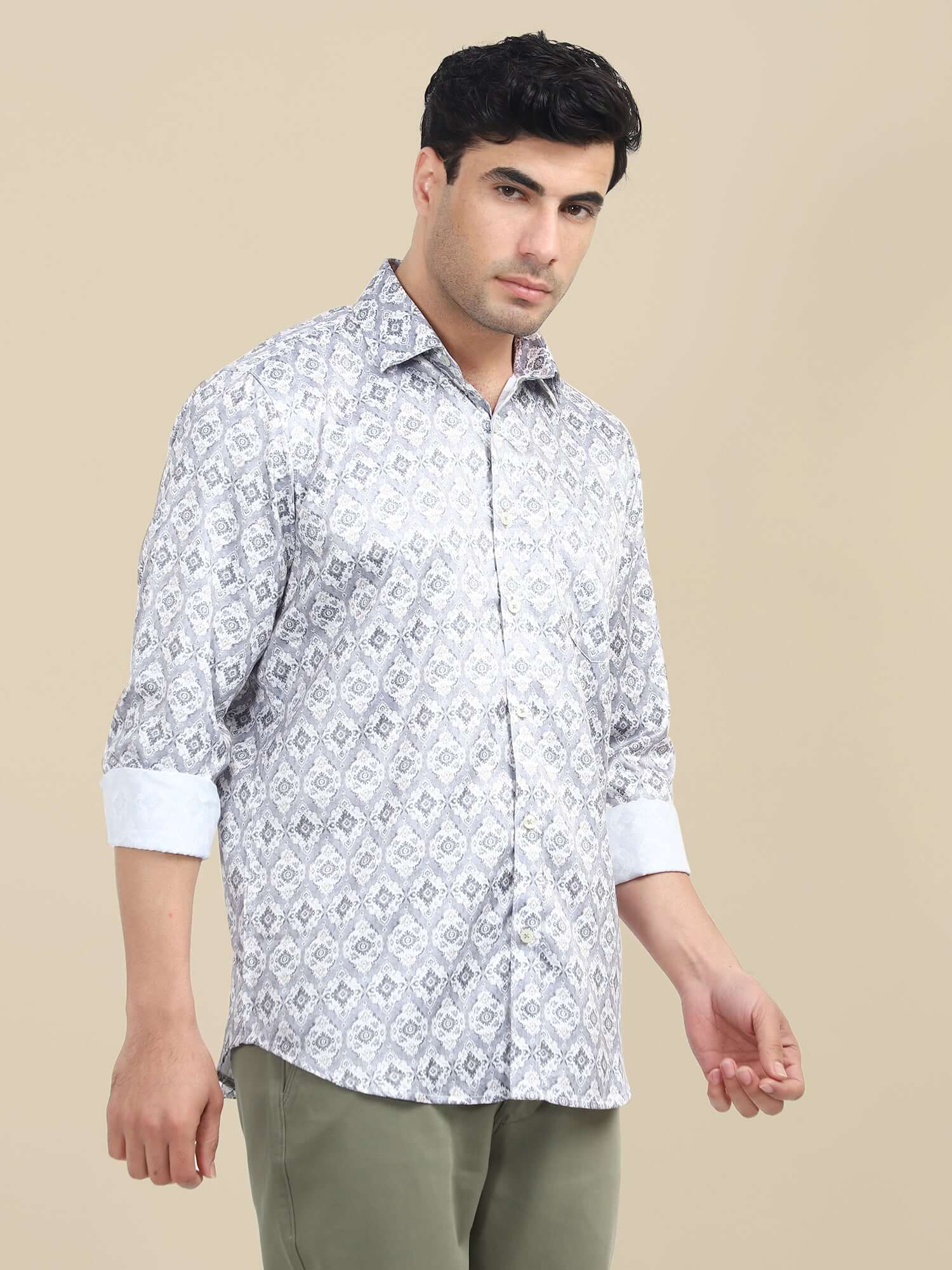 Men'S Poly Satin Lycra Grey Digital Printed Shirt