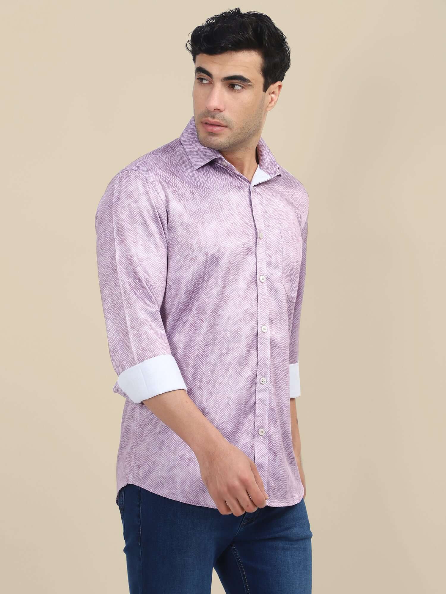 Men'S Poly Satin Lycra Purple Digital Printed Shirt